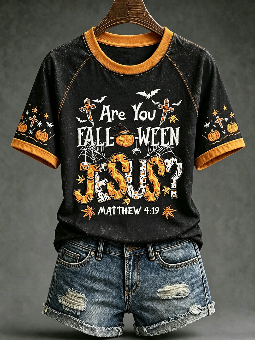 Women's retro faith theme Halloween element pattern printed casual short sleeve T-shirt