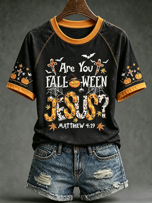 Women's retro faith theme Halloween element pattern printed casual short sleeve T-shirt