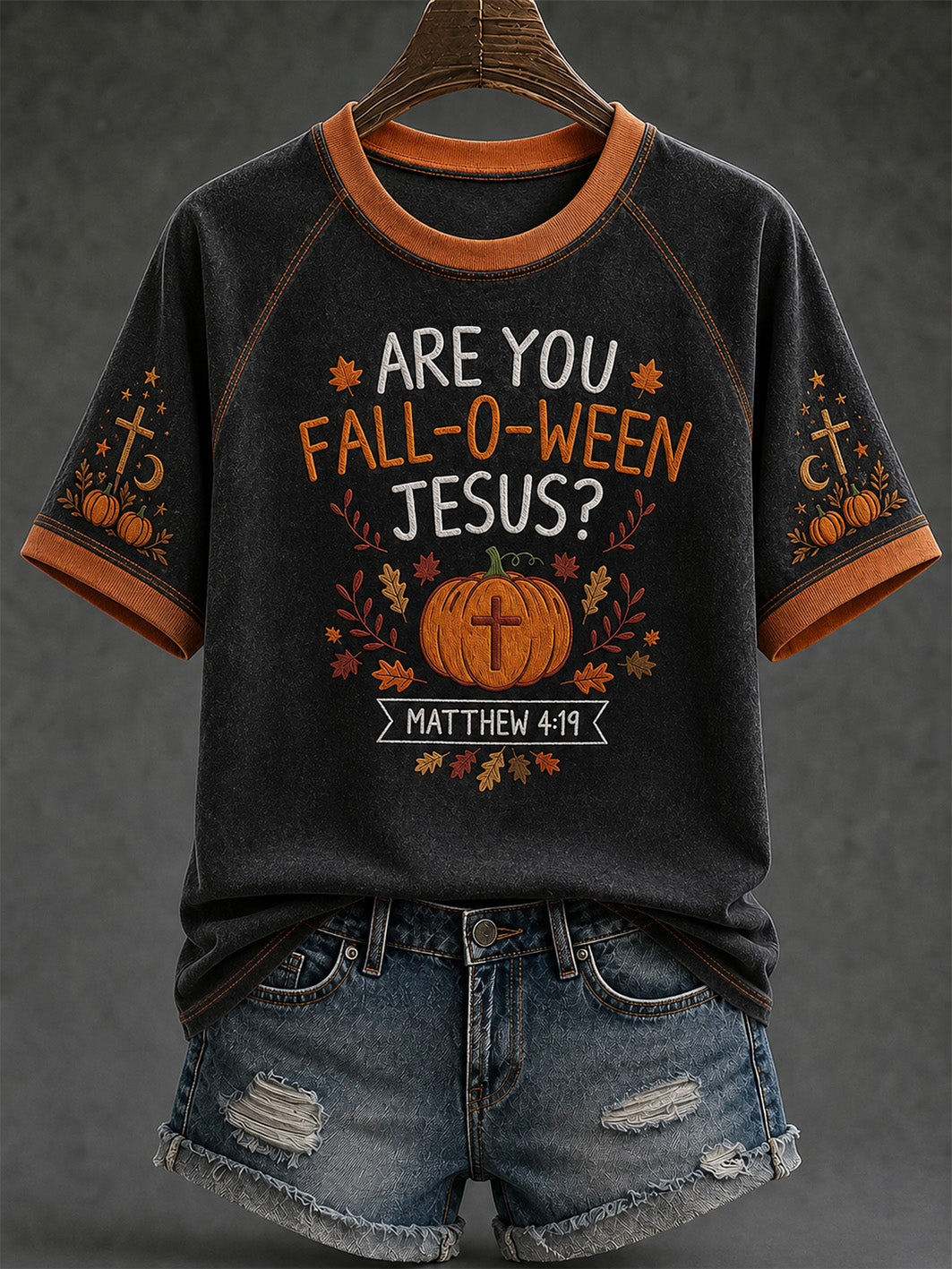 Women's retro faith theme Halloween element pattern printed casual short sleeve T-shirt
