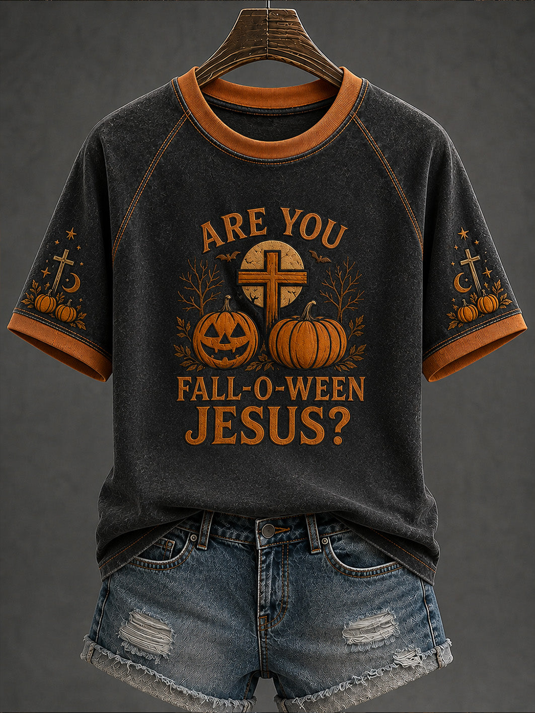 Women's retro faith theme Halloween element pattern printed casual short sleeve T-shirt