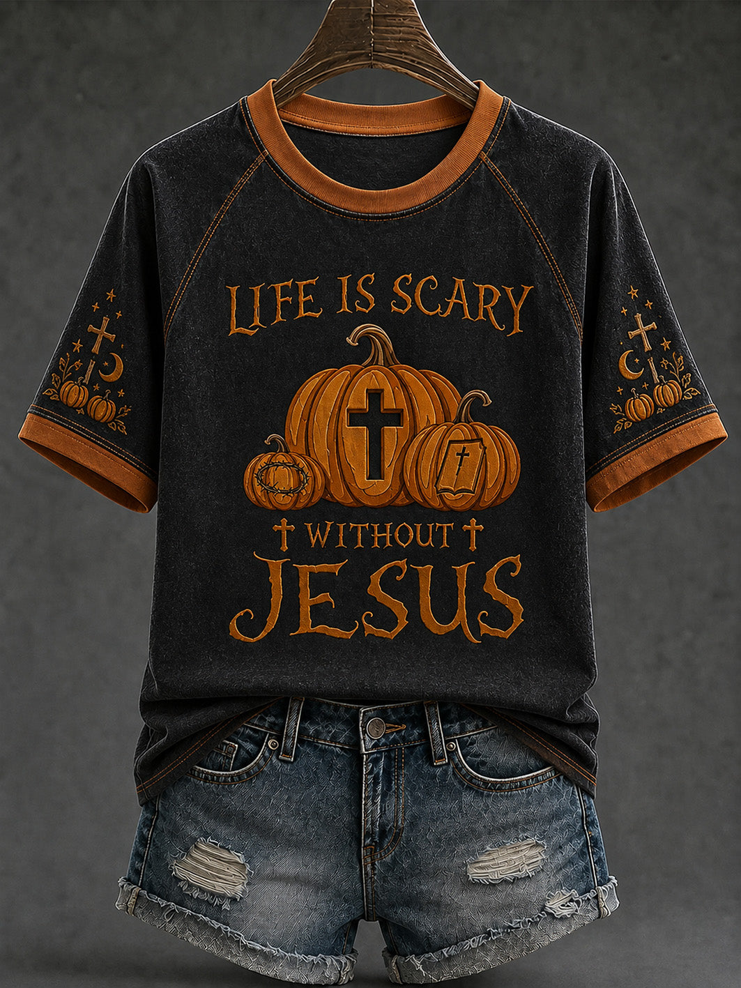Women's retro faith theme Halloween element pattern printed casual short sleeve T-shirt