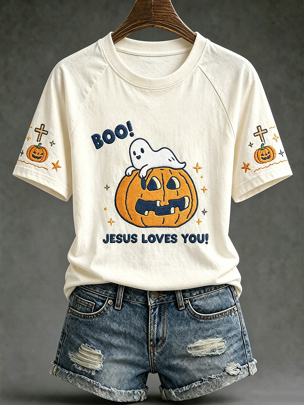 Women's retro faith theme Halloween element pattern printed casual short sleeve T-shirt