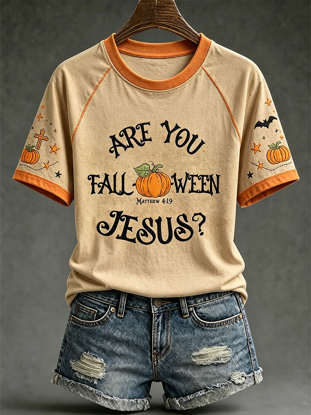 Women's retro faith theme Halloween element pattern printed casual short sleeve T-shirt