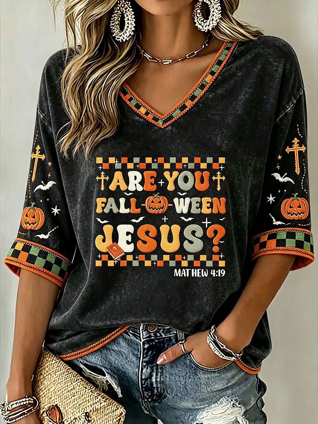 Women's Retro Faith Theme Halloween Pattern Printed Casual Mid-length Sleeves V-Neck T-Shirt