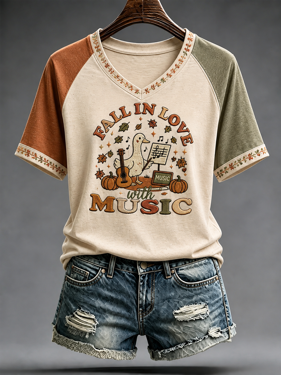 Women's Autumn Music Peinted V-neck off-shoulder short-sleeved T-shirt