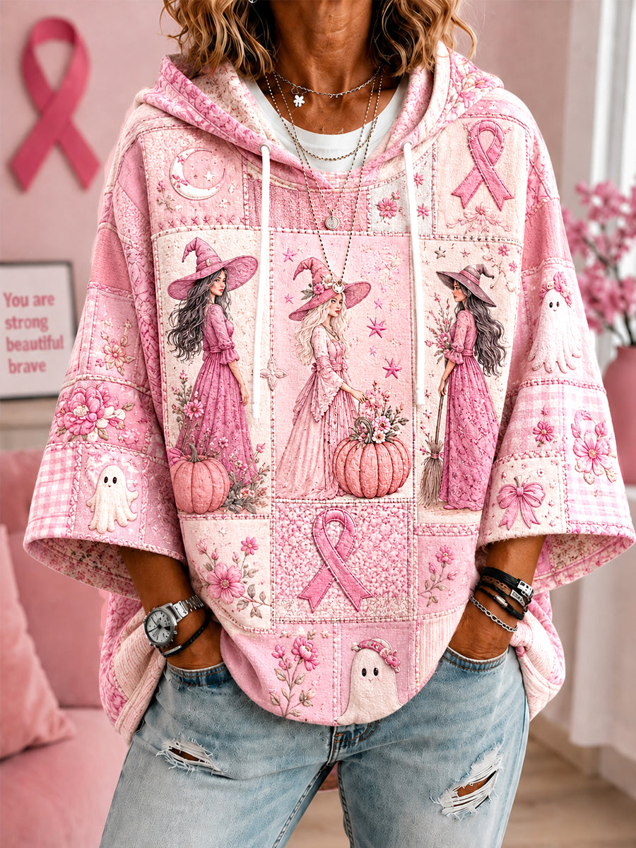 Women's In October We Wear Pink Halloween Pink Witches And Ghost Print Breast Cancer Awareness Support Short-Sleeve Hoodie
