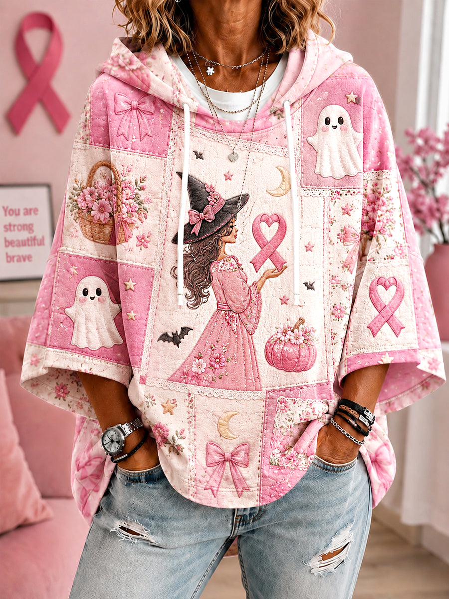 Women's In October We Wear Pink Halloween Pink Witch And Ghost Print Breast Cancer Awareness Support Short-Sleeve Hoodie