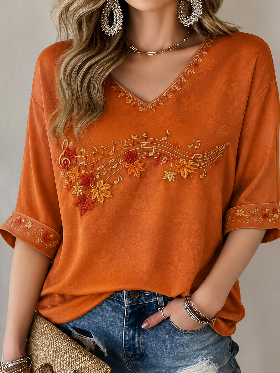 Women's Autumn Music Printed Mid-length Sleeves V-Neck T-Shirt