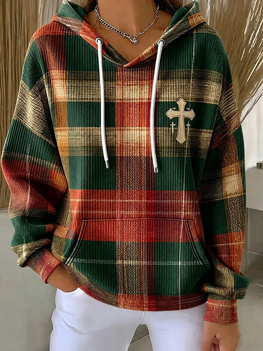 Women's Retro Christian Plaid Cross Drawstring Hoodie