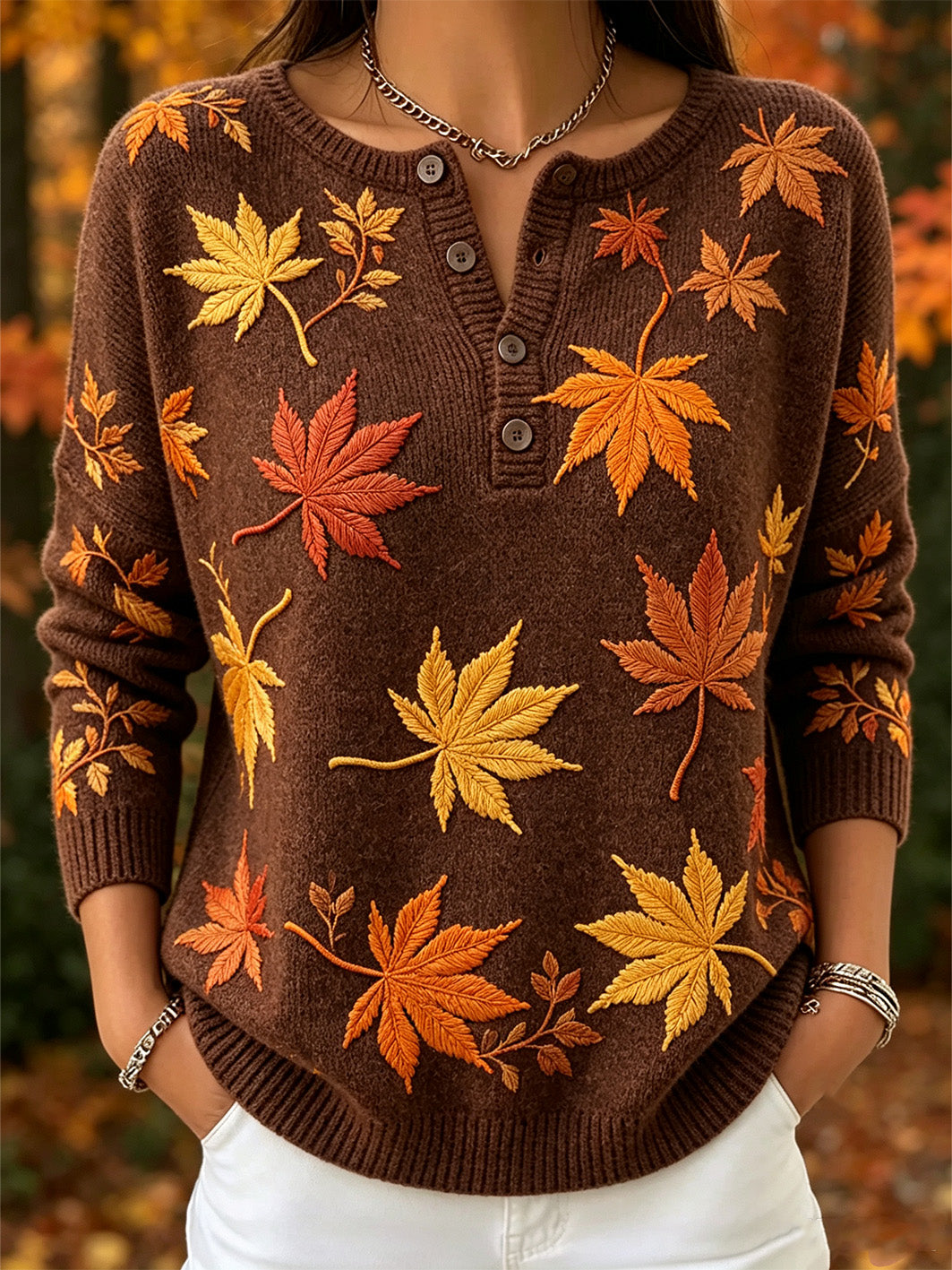 Women's autumn leaves pattern printed casual long-sleeved cardigan