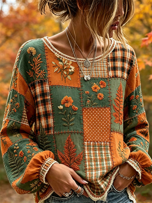 Women's Vintage Fall Leaves Floral Colorblock Patchwork Art Print Cotton-Linen Shirt