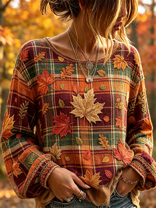 Women's Vintage Fall Leaves Plaid Art Print Cotton-Linen Shirt