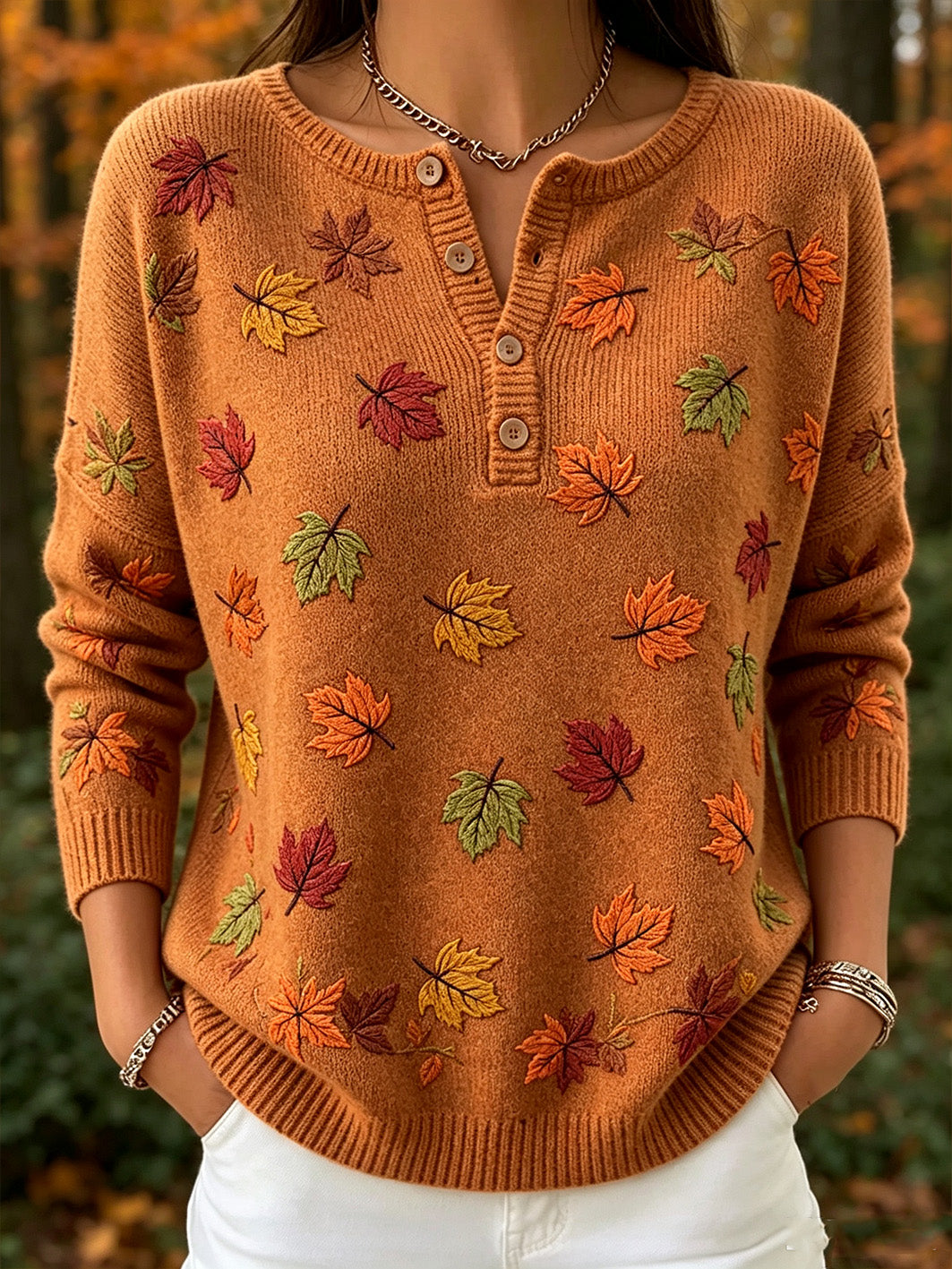 Women's autumn leaves pattern printed casual long-sleeved cardigan