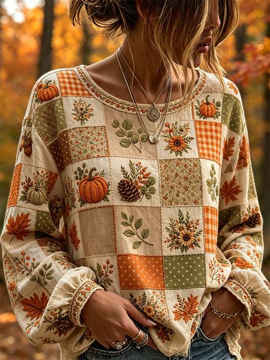 Women's Vintage Fall Leaves Floral Colorblock Patchwork Art Print Cotton-Linen Shirt