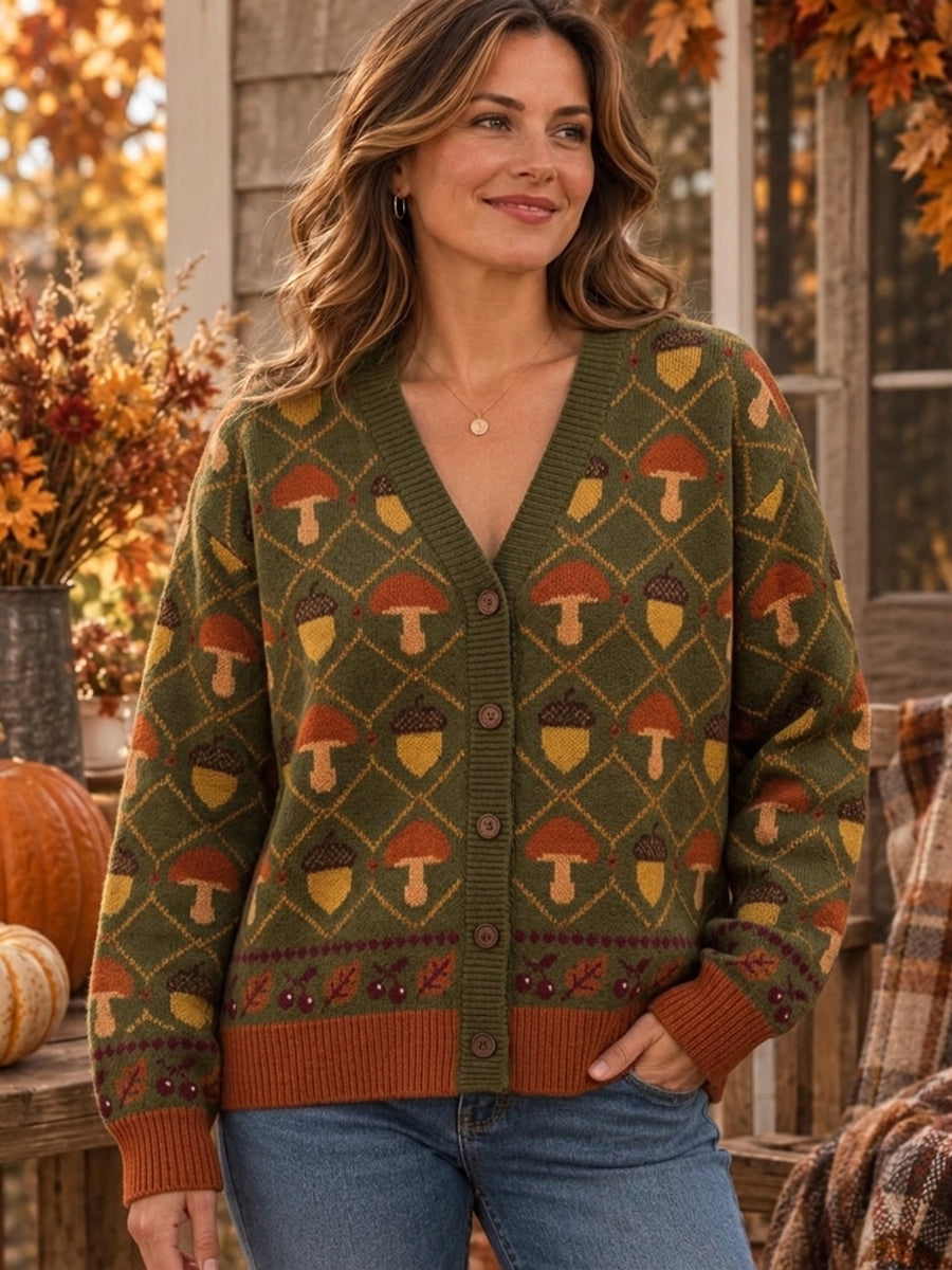 Women's Vintage Fall Patterns Print Cozy Cardigan