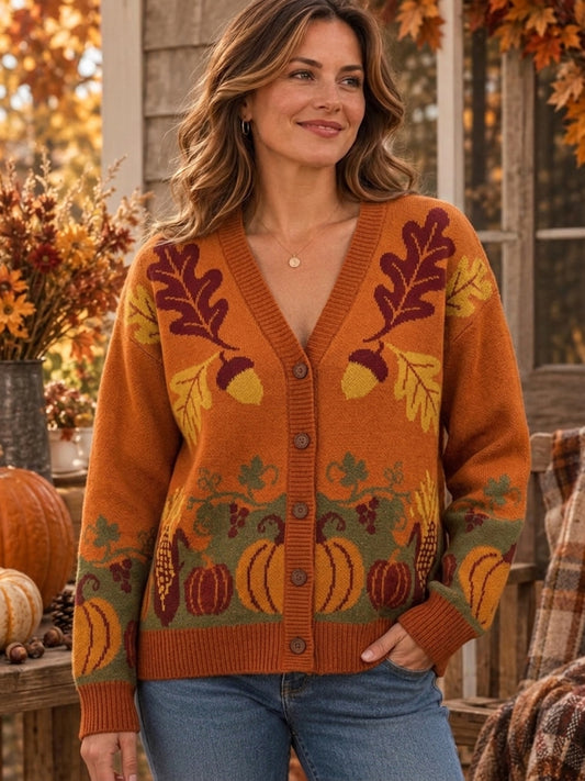Women's Vintage Fall Patterns Print Cozy Cardigan