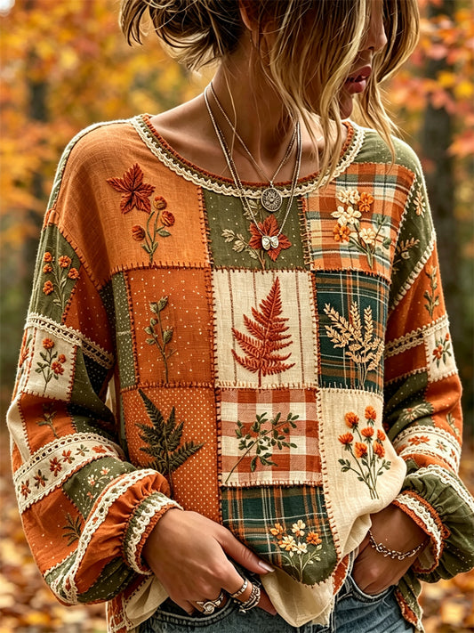 Women's Vintage Fall Leaves Floral Colorblock Patchwork Art Print Cotton-Linen Shirt