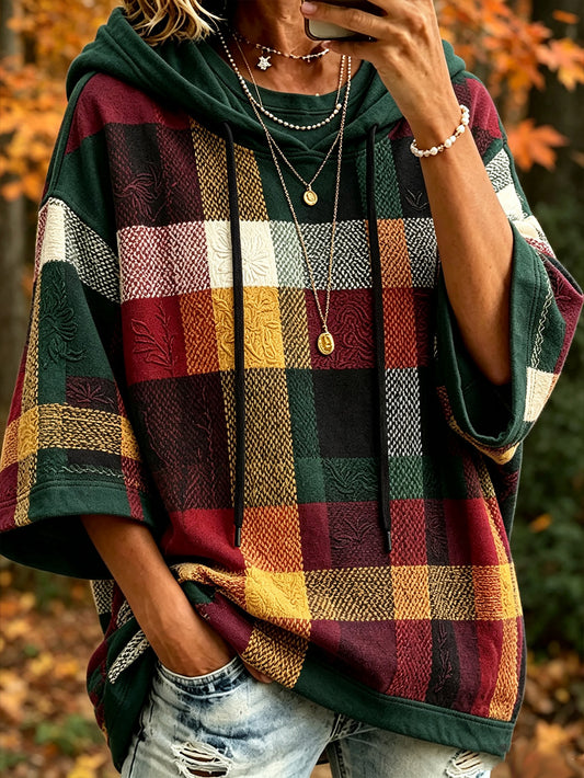 Women's autumn plaid color-blocked design casual hoodie