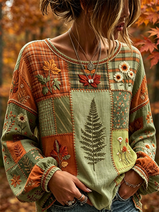 Women's Vintage Fall Leaves Floral Colorblock Patchwork Art Print Cotton-Linen Shirt