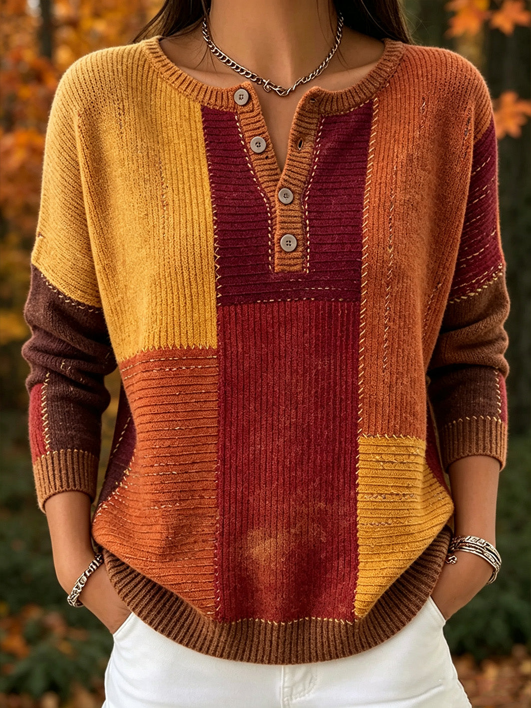 Women's autumn color-blocked design casual long-sleeve cardigan
