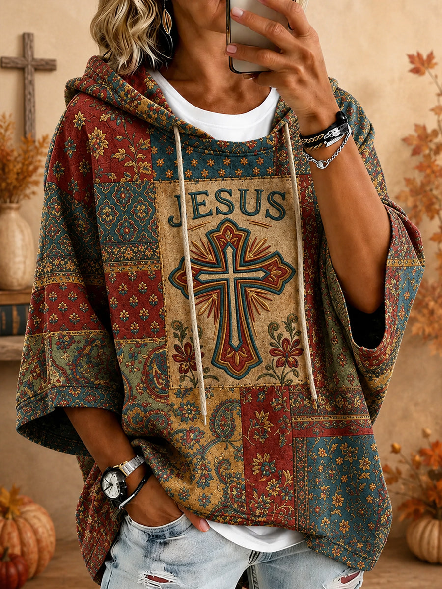 Women's Retro  Christian Jesus Cross Drawstring Hoodie