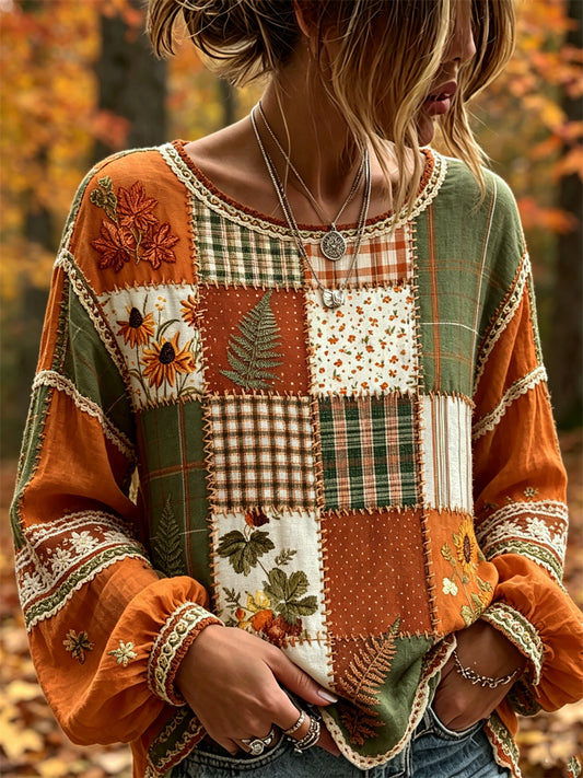 Women's Vintage Fall Leaves Floral Colorblock Patchwork Art Print Cotton-Linen Shirt