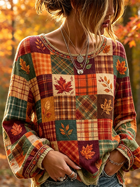 Women's Vintage Fall Leaves Plaid Colorblock Patchwork Art Print Cotton-Linen Shirt