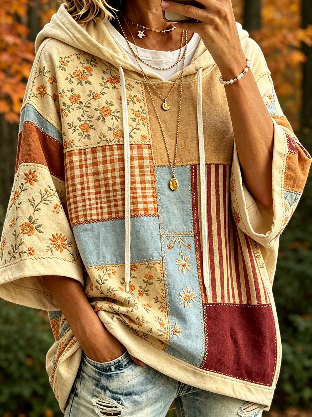 Women's autumn plaid color-blocked design casual hoodie