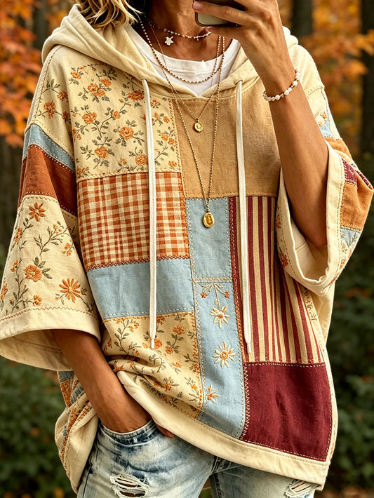 Women's autumn plaid color-blocked design casual hoodie
