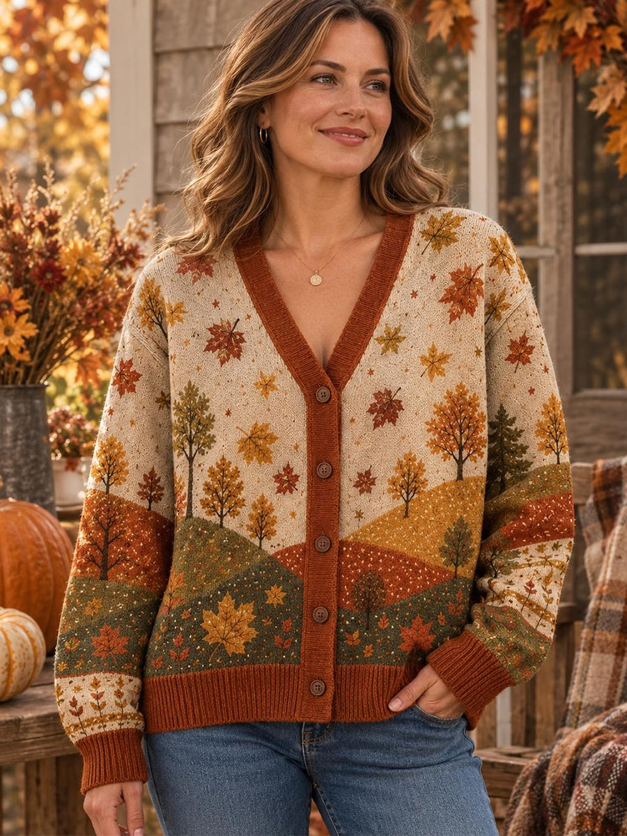 Women's Vintage Fall Patterns Print Cozy Cardigan
