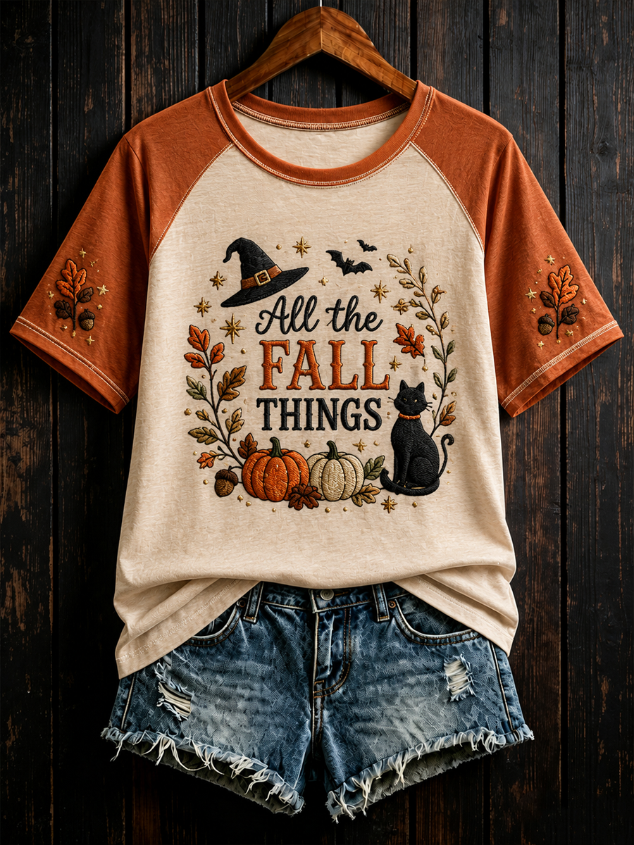 Women's All the FALL THINGS Printed round neck short sleeve T-shirt