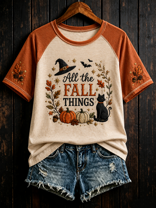 Women's All the FALL THINGS Printed round neck short sleeve T-shirt