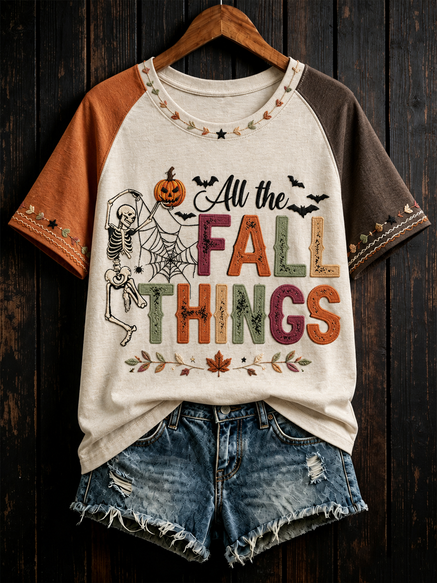 Women's All the FALL THINGS Printed round neck short sleeve T-shirt