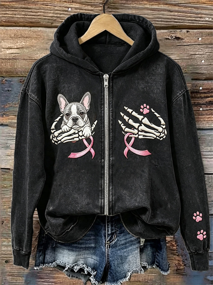 Women's French Bulldog Breast Cancer Pink Ribbon Halloween Skeleton Print Full Zip Hoodie