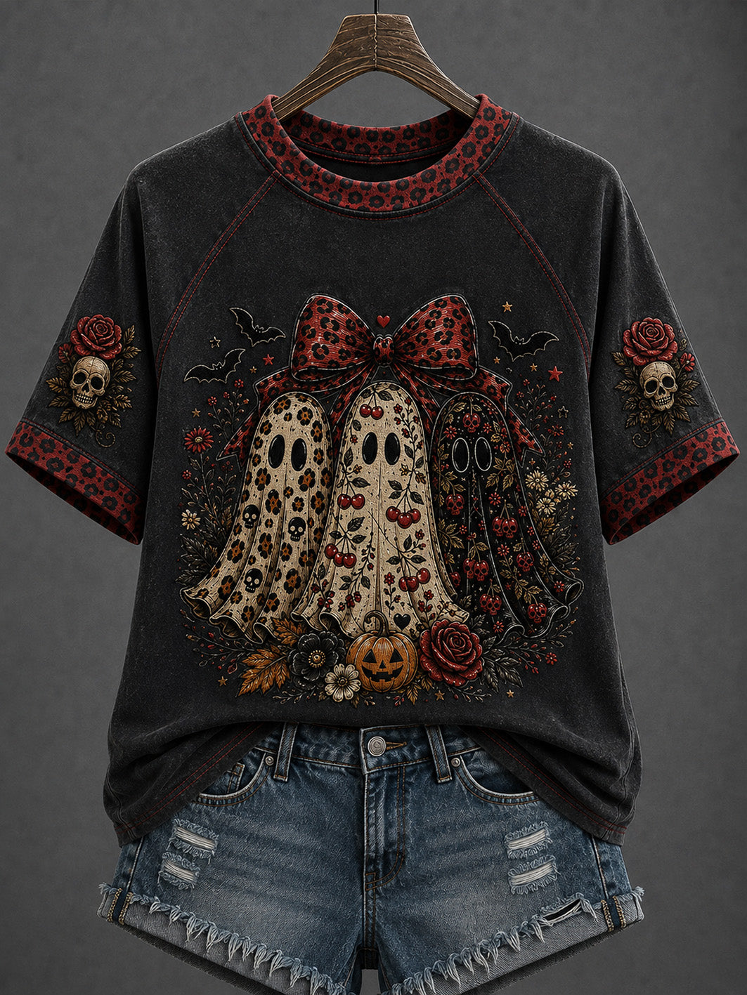 Women's Halloween retro pattern printed casual short-sleeve T-shirt