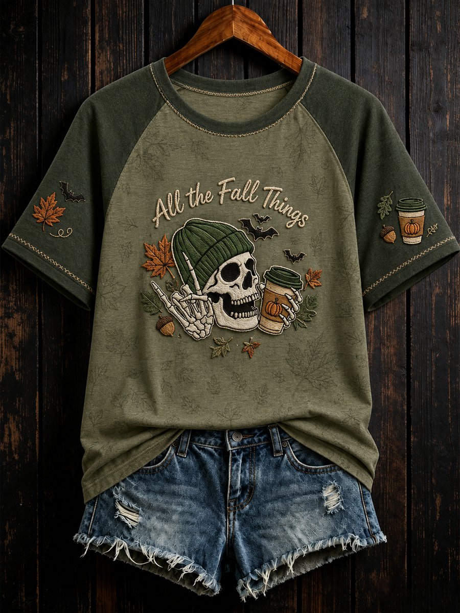 Women's All the FALL THINGS Printed round neck short sleeve T-shirt