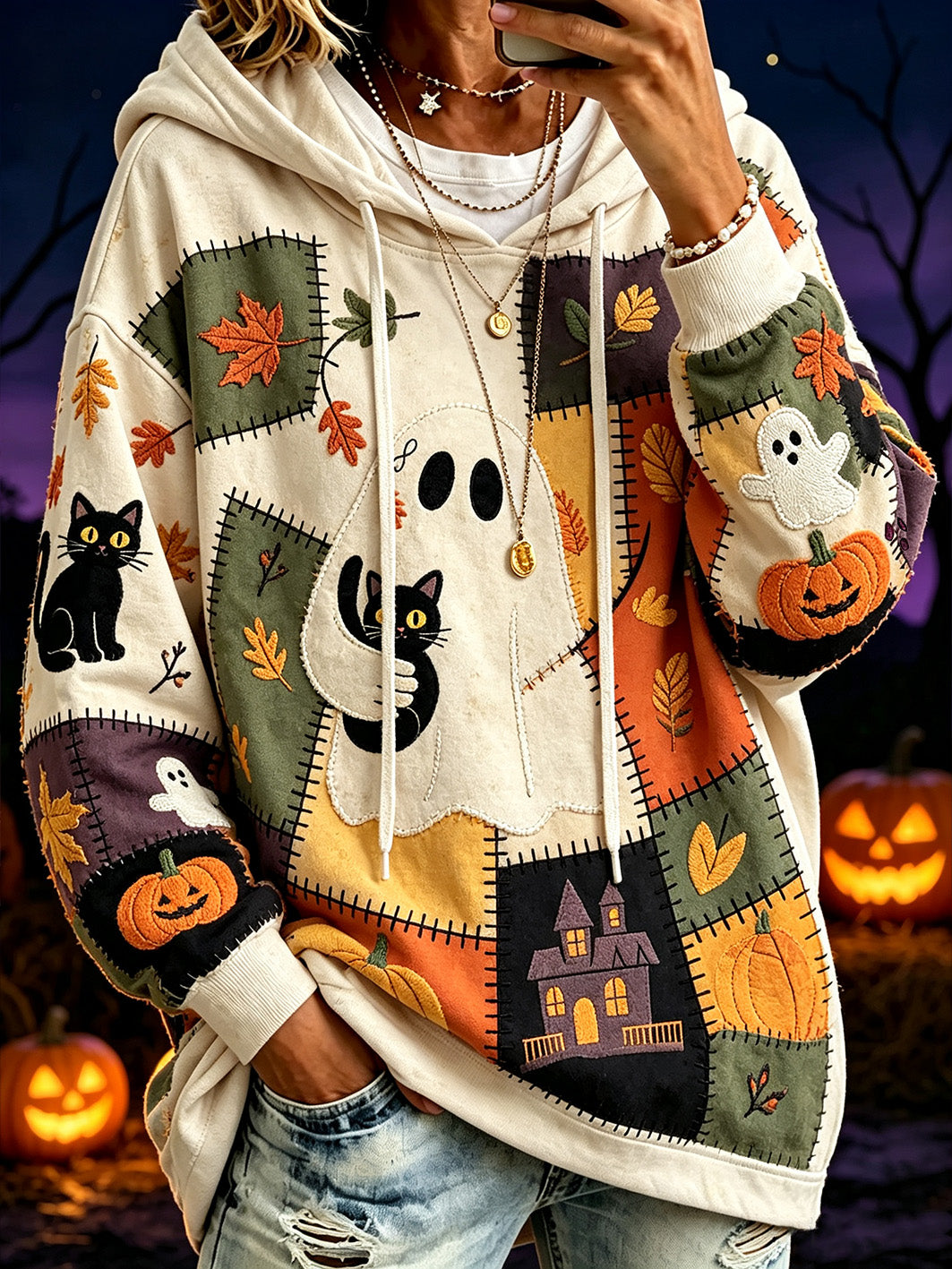 Women's Halloween Pattern Color Block Printed Causal Hoodie