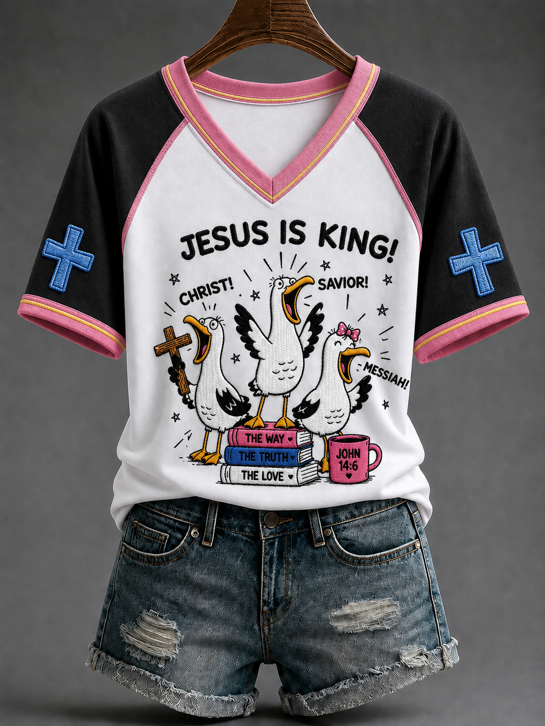 Women's Jesus Is King V-neck Off-shoulder Short-sleeved T-shirt