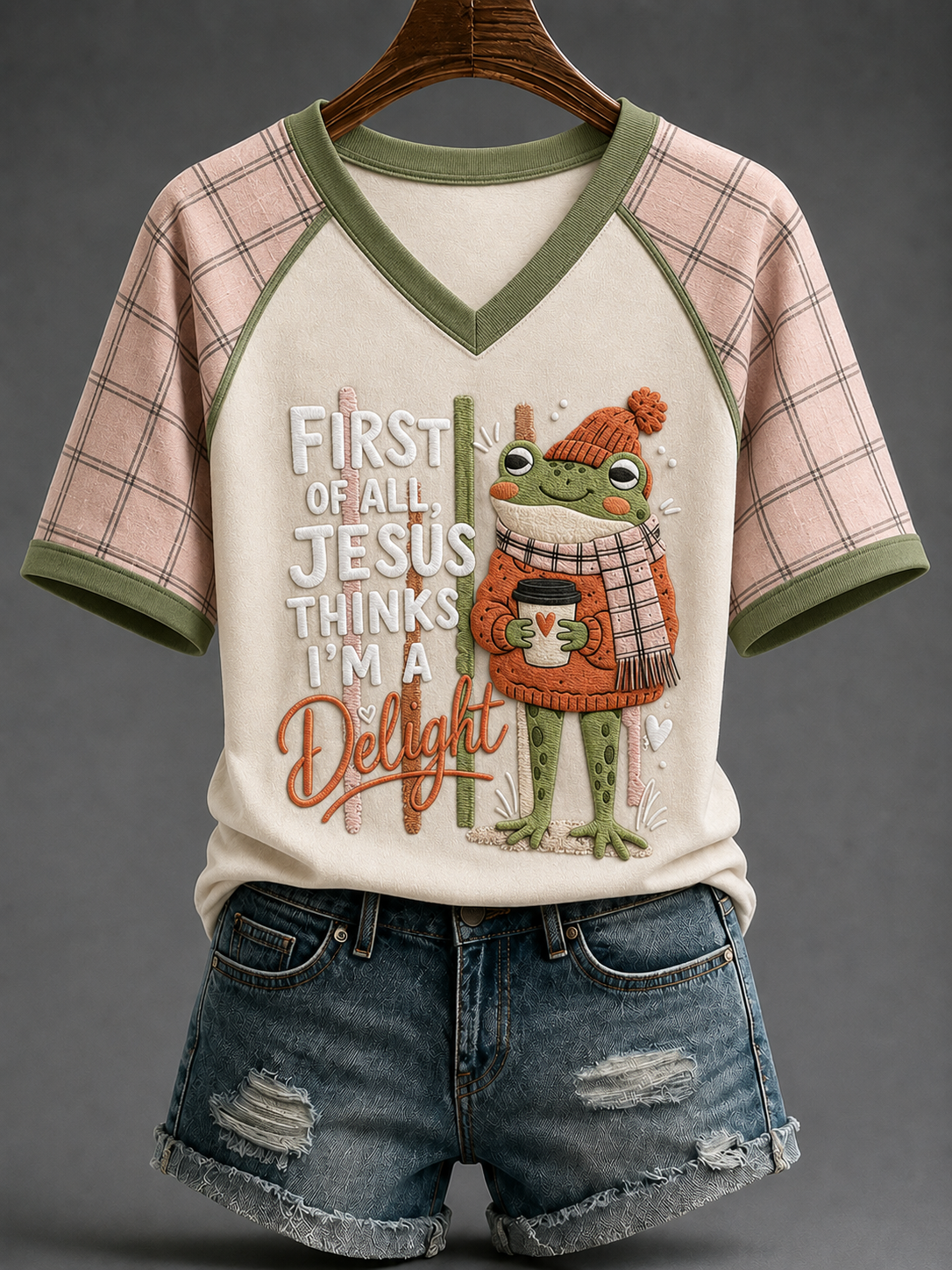 Women's First Of All Jesus Thinke I’m A Delight V-neck Off-shoulder Short-sleeved T-shirt