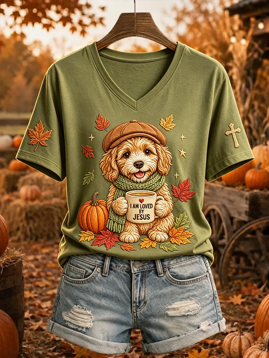 Women's Jesus Loves Dog Fall Leaves Print Short-sleeved T-shirt