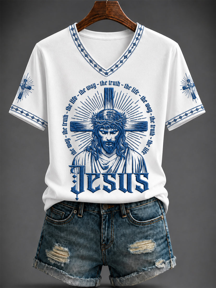 Women's JESUS Printed V-neck T-shirt