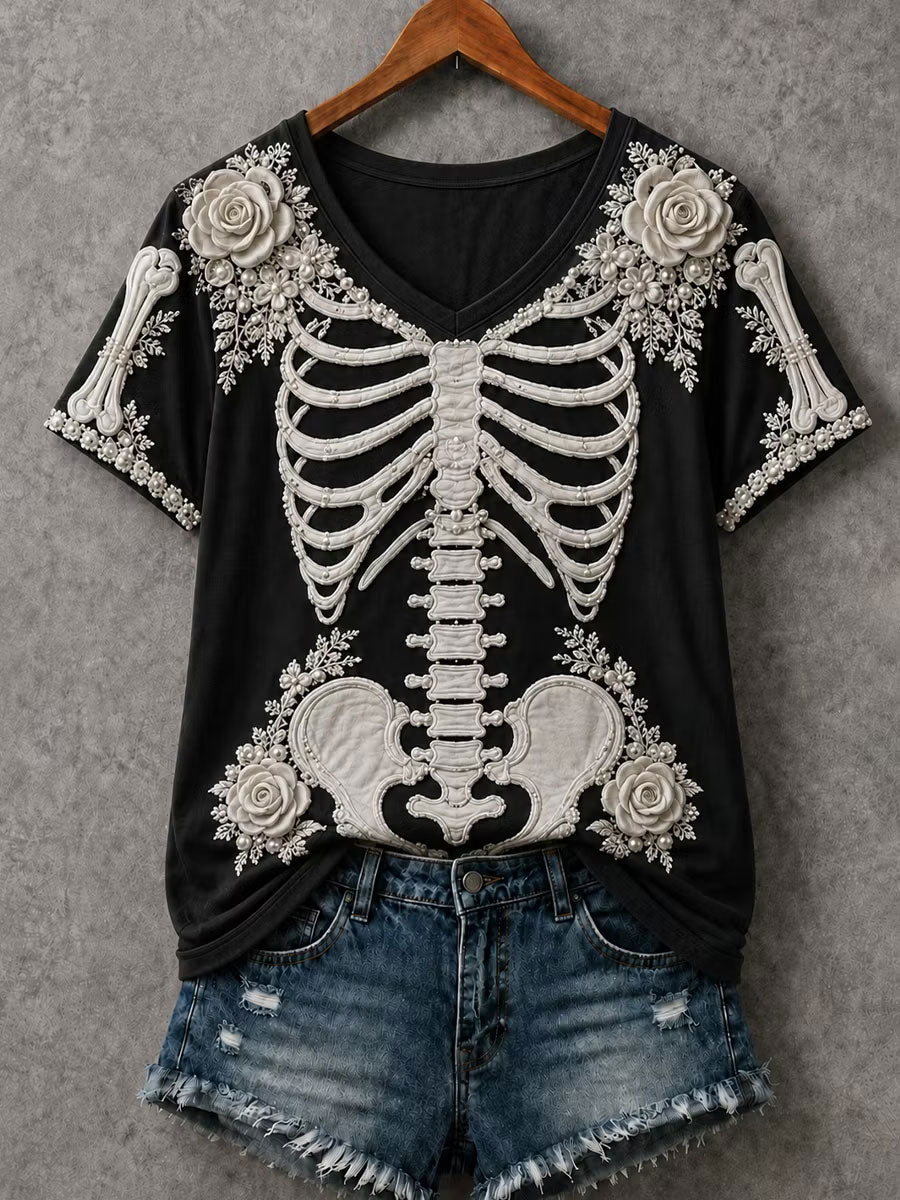 Women's Halloween Skeleton Print Short-sleeved T-shirt