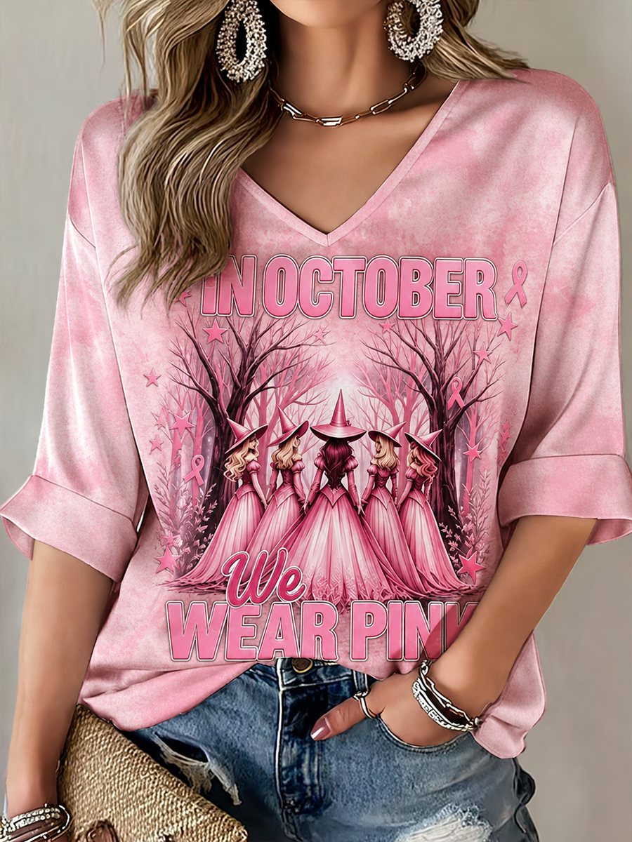 Women's in october we wear pink Mid-length Sleeves V-Neck T-Shirt