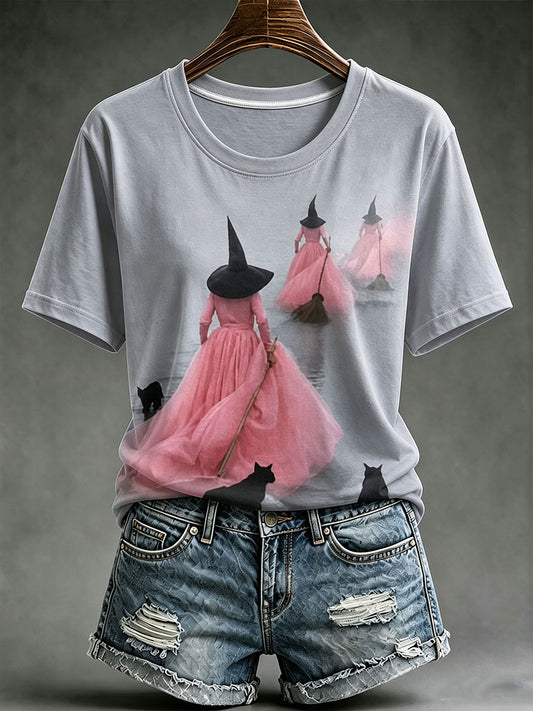 Women's Halloween Witch Black Cat Sshort-sleeved T-shirt