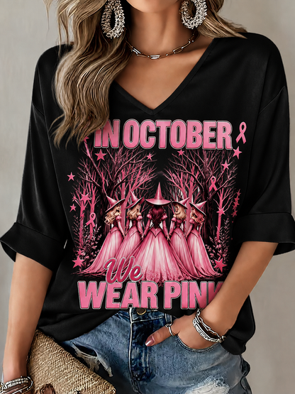 Women's in october we wear pink Mid-length Sleeves V-Neck T-Shirt