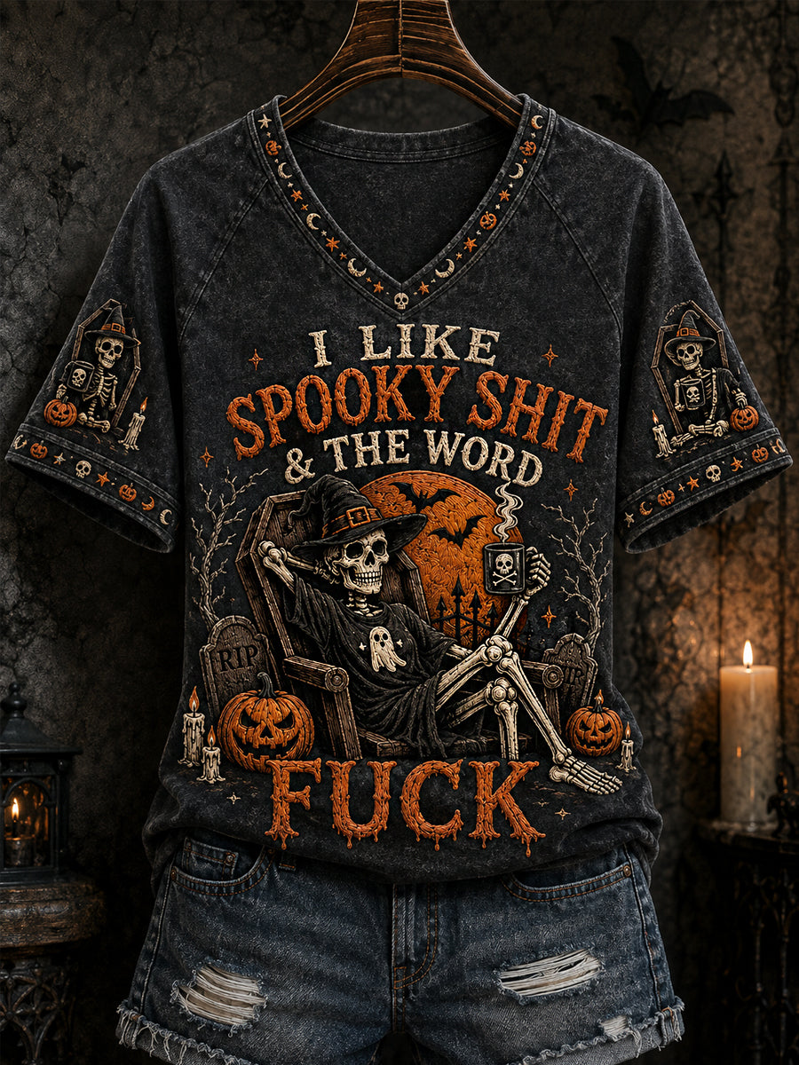 Women's Funny Halloween Skeleton I Like Spooky Shit And The Word Fuck Print Casual V-Neck Tee