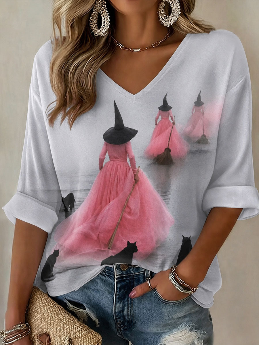 Women's Halloween Witch Black Cat Mid-length Sleeves V-Neck T-Shirt