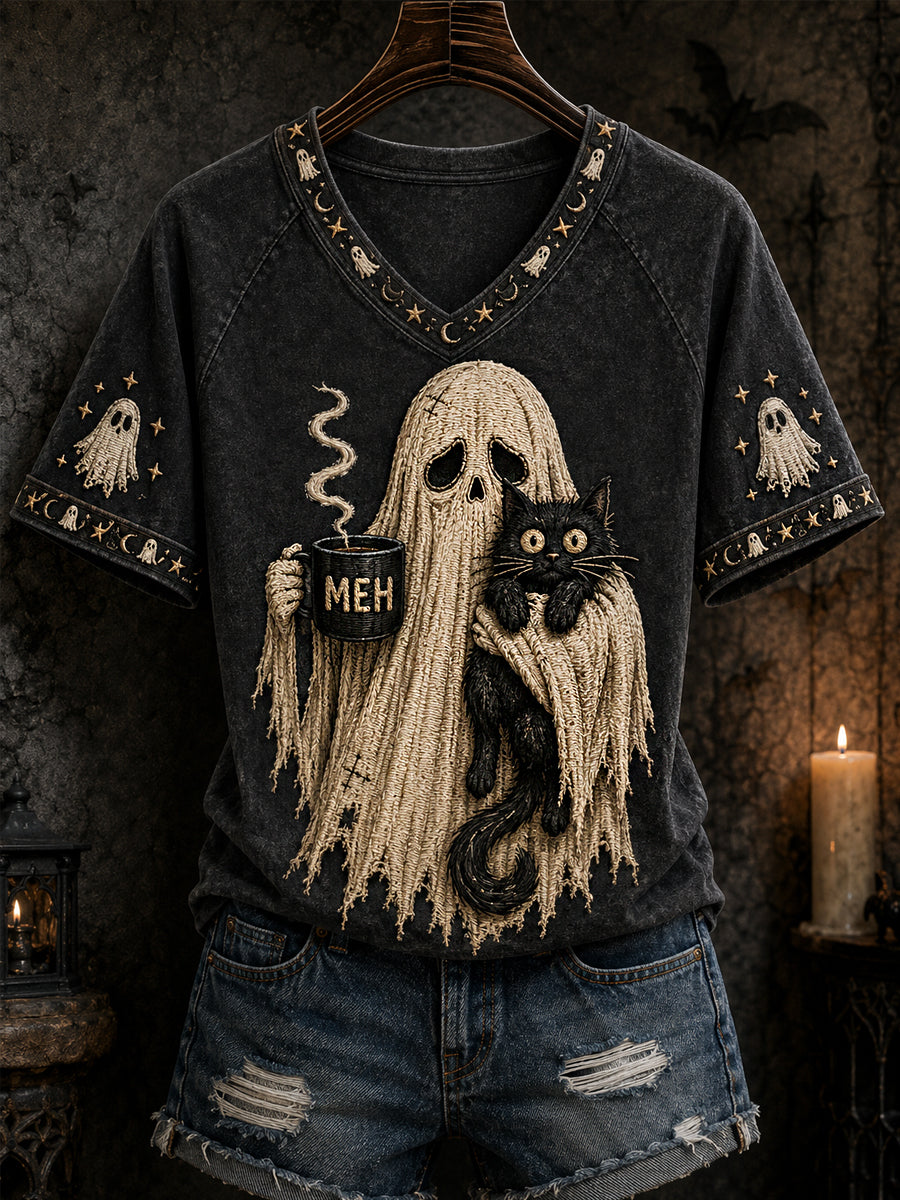 Women's Halloween Ghost And Black Cat Print Casual V-Neck Tee