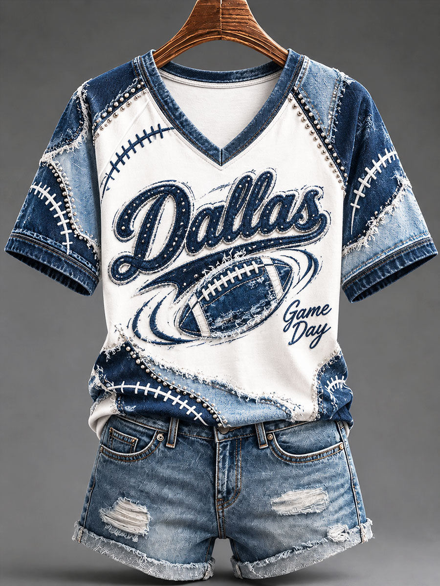 Women's Football Gameday Gift For Football Fans Casual V-neck off-shoulder short-sleeved T-shirt