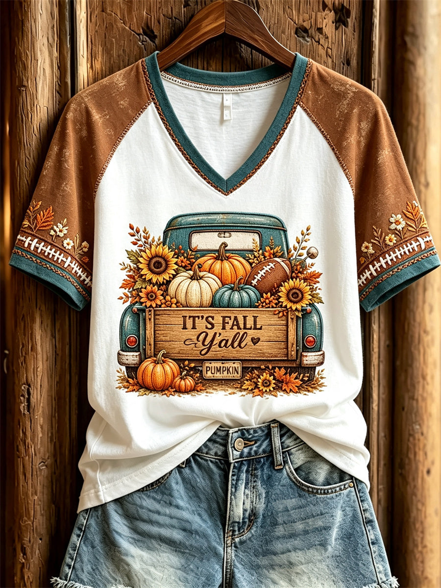 Women's It's Fall Y'all Football & Fall Pumpkins Floral Truck Print short-sleeved T-shirt